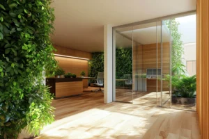 Biophilic Interior Design in Kuwait Modern Offices with Natural Wood Floors & Living Walls for a Peaceful, Productive Workspace