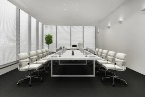Modern corporate interior design in Dubai featuring white-themed chairs.